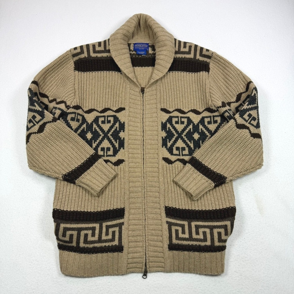 Pendleton Westerley The Dude Lambswool Lebowski Cardigan Sweater Tan Brown Small